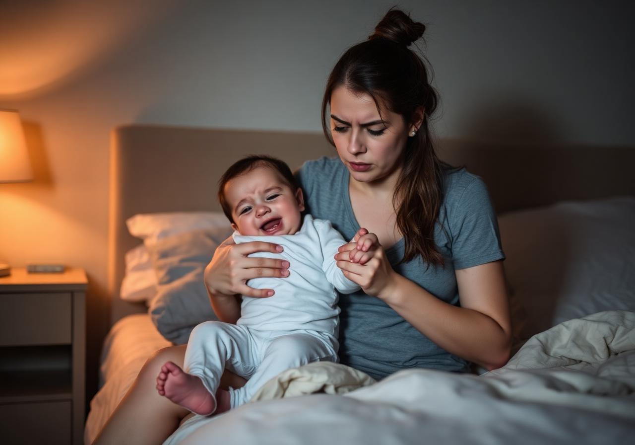 Mamá agotada con bebé llorando